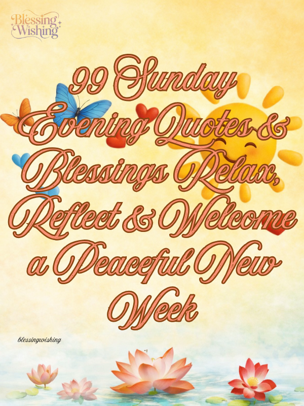 99 Sunday Evening Quotes & Blessings Relax, Reflect & Welcome a Peaceful New Week Sunday evening holds a quiet magic that no other time of the week can replicate. As the weekend softly fades and the new week waits just around the corner, this golden hour invites you to slow down, breathe deeply, and fill your heart with gratitude. Whether you are looking for heartfelt Sunday evening blessings, uplifting Sunday evening quotes, warm wishes for family and friends, or a gentle prayer to close the day, you have come to the right place. This complete collection of 99 Sunday evening quotes and blessings covers everything — from inspirational messages and romantic notes to funny lines and spiritual prayers — so you can share the perfect words at the perfect moment. What Are Sunday Evening Blessings and Why Do They Matter? Sunday evening blessings are kind, warm words shared with yourself or others at the close of the weekend. They carry messages of peace, gratitude, and hope. More than just pleasantries, these messages serve a real purpose: they help shift your mindset from weekend relaxation to weekday readiness — without the anxiety. Research in positive psychology consistently shows that expressing gratitude and positivity before sleep improves mood, reduces stress, and sets a stronger emotional foundation for the days ahead. When you send a heartfelt message to a loved one on Sunday evening, you are doing more than being polite — you are actively planting seeds of joy in someone's week. Key reasons to share Sunday evening blessings: They remind people they are loved and thought of They create a peaceful transition from the weekend to the workweek They strengthen relationships through consistent, thoughtful gestures They invite gratitude, reflection, and spiritual grounding They spread positivity that ripples forward into Monday and beyond Happy Sunday Evening Wishes to Spread Joy and Positivity Joy shared on a Sunday evening has a way of multiplying. A single warm message can lift a tired soul, bring a smile to a stressed face, and remind someone that kindness still exists. These happy Sunday evening wishes are short, sincere, and ready to share: 1. "Wishing you a Sunday evening filled with all the little things that make your heart smile." 2. "May tonight be soft, your worries light, and your dreams full of beautiful tomorrows." 3. "Happy Sunday evening! May the peace of this quiet hour follow you all week long." 4. "Sending warm wishes your way — may your Sunday close gently and your week open brightly." 5. "You deserve every bit of joy this Sunday evening has to offer. Enjoy every moment of it." 6. "May this Sunday evening remind you that happiness is not far — it lives right here, right now, in the stillness around you." 7. "Good evening and happy Sunday! May you feel as light as the evening breeze and as full as a heart that knows it is blessed." Sunday Evening Blessings for Family and Friends Sunday evenings are made for the people we love most. There is something about the quiet end of the weekend that makes us think of those who matter. Whether near or far, share these blessings with your family and friends: For Family: 8. "To my dear family — good evening and thank you for making every Sunday feel like a true blessing." 9. "Sunday evenings remind me how lucky I am to have all of you. May peace and love fill our home tonight." 10. "Blessed Sunday evening to my family. May tonight bring rest, tomorrow bring strength, and every day bring us closer." 11. "Home is wherever my family is. May this Sunday evening fill every corner of our home with warmth, laughter, and love." 12. "To every member of this beautiful family — good evening. You are my greatest blessing and my Sunday joy." For Friends: 13. "Hey friend, just checking in to say you matter, you're appreciated, and your Sunday evening deserves to be wonderful." 14. "Good evening! Thinking of you this Sunday and sending all the warm energy your way." 15. "May your Sunday evening be as bright and genuine as the friendship you give to everyone around you." 16. "Real friends think of each other on Sunday evenings. I am thinking of you. Have a peaceful and beautiful night." 17. "Grateful for a friend like you every single day — but especially on quiet Sunday evenings like this one." Sunday Blessings with Bible Verse For those who draw strength from scripture, Sunday evening is the ideal time to anchor yourself in faith. These blessings paired with Bible verses offer spiritual comfort and hope: Bible Verse Blessing "Come to me, all who labor and are heavy laden, and I will give you rest." — Matthew 11:28 May you find His rest tonight and rise renewed tomorrow. "This is the day the Lord has made; let us rejoice and be glad in it." — Psalm 118:24 May every hour of this Sunday be a reason to rejoice. "The Lord bless you and keep you." — Numbers 6:24 May His blessing rest on you this evening and throughout the coming week. "Peace I leave with you; my peace I give you." — John 14:27 May His peace guard your heart as you enter the new week. "Be still, and know that I am God." — Psalm 46:10 May this Sunday evening quiet your soul and remind you that He holds it all. 18. "May the God of all comfort wrap His arms around you this Sunday evening and remind you that you are never alone. Amen." 19. "As this holy day closes, may His Word be a lamp to your feet and a light to your path in the week ahead." 20. "Blessed Sunday evening — may His grace cover every worry you carry and fill the empty spaces with His perfect peace." Heartfelt Good Evening Sunday Messages for Loved Ones Sometimes the most powerful message is one that comes straight from the heart. These good evening Sunday messages are crafted to feel warm, personal, and sincere: 21. "Good evening on this beautiful Sunday. I hope your heart is full and your spirit is rested. You mean the world to me." 22. "Thinking of you this Sunday evening and sending all my love your way. May your night be peaceful and your dreams be sweet." 23. "I am grateful for every moment spent with you. Good evening — may this Sunday night wrap you in everything you need." 24. "May tonight remind you that you are deeply loved, truly valued, and never alone. Good evening, and God bless you." 25. "Good evening to someone who makes ordinary Sundays feel extraordinary. I hope tonight is as special as you are." 26. "As the evening settles in, know that my thoughts and prayers are with you. Good evening — may peace be your companion tonight." 27. "There is no better time than a Sunday evening to remind the people we love how much they truly mean to us. So here I am — reminding you." Inspirational Sunday Evening Quotes to End Your Weekend with Strength The right quote at the right moment can change everything. These inspirational Sunday evening quotes carry strength, wisdom, and the quiet courage to face a new week: 28. "Sunday is the golden clasp that binds together the volume of the week." — Henry Wadsworth Longfellow 29. "Sunday clears away the rust of the whole week." — Joseph Addison 30. "Do not let Sunday be taken from you. If your soul has no Sunday, it becomes an orphan." — Albert Schweitzer 31. "Sunday evenings are not an ending — they are a quiet, powerful beginning in disguise." 32. "Let this Sunday evening settle your soul. Whatever the week ahead holds, you are already equipped to handle it." 33. "The strength you need for Monday is already inside you. Sunday evening is just where you find it." 34. "Every Sunday evening is a reminder that you made it through another week. That is not small — that is everything." 35. "You did not come this far to give up on Monday. Let Sunday evening remind you why you started." 36. "Sunday evenings belong to the brave — those who rest fully, trust deeply, and rise again without fear." Sunday Evening Quotes to Relax Your Mind and Soul Not every quote needs to inspire action. Sometimes, you simply need permission to rest. These Sunday peace quotes invite you to exhale, let go, and simply be: 37. "This evening is yours. No deadlines, no rush — just the quiet beauty of a Sunday winding down." 38. "Let the sunset take your worries with it. Tonight is for peace, and peace is enough." 39. "Sunday evenings were made for soft music, warm drinks, and the beautiful art of doing nothing." 40. "Close your eyes, release the week that was, and breathe in the quiet promise of the week ahead." 41. "You do not need to have it all figured out tonight. Rest is its own kind of wisdom." 42. "The most productive thing you can do this Sunday evening is absolutely nothing at all." 43. "Sunday evenings are nature's way of saying: slow down, breathe, and remember what actually matters." 44. "Let your body exhale everything the week asked of it. Tonight, you owe no one anything except rest." Heartfelt Sunday Blessings for Peaceful Reflection and Gratitude Reflection is the heart of Sunday evening. These blessings are designed to help you and your loved ones pause, look back with grace, and move forward with hope: 45. "May this Sunday evening be a soft mirror — showing you all the beauty, strength, and love you carry within you." 46. "Blessed are those who pause to count their blessings. May tonight give you countless reasons to be thankful." 47. "As the sun sets, may gratitude rise in your heart. You have survived another week — that alone is worth celebrating." 48. "May quiet reflection tonight bring the clarity that busy days could not. Rest. Reflect. Be grateful." 49. "Sunday evening is a gift wrapped in stillness. Open it slowly, with a heart full of thanks." 50. "Look back at this week not with regret, but with gratitude. Every challenge was a teacher and every blessing was a grace." 51. "May you end this Sunday with a lighter heart, a fuller soul, and a deeper appreciation for the beautiful ordinary moments of your life." 52. "Tonight, may gratitude be louder than fear, and peace be greater than any worry your mind tries to carry." Inspiring Sunday Night Messages to Welcome a Calm and Positive New Week The way you end Sunday often shapes how you begin Monday. These Sunday night messages are designed to ease the transition and welcome the new week with open arms: 53. "Tomorrow is a blank page. Tonight, rest your pen and let your spirit breathe. A beautiful chapter is ahead." 54. "Sunday night is the bridge between who you were this week and who you will become next week. Walk it slowly." 55. "May Monday greet you gently because Sunday treated you well. Sleep easy tonight." 56. "Welcome the new week with your head held high and your heart wide open. You are ready." 57. "Every Sunday night is a quiet promise — that rest comes before effort, and peace comes before purpose." 58. "The new week is not a threat — it is an invitation. Tonight, accept it with confidence and sleep well." 59. "May this Sunday night plant seeds of clarity in your mind so that Monday morning blooms with purpose and direction." 60. "You have everything you need for the week ahead. It was placed inside you long before the week began." Relaxing and Peaceful Sunday Evening Blessings Peace is not a luxury — it is a necessity. These relaxing Sunday evening blessings offer exactly that: 61. "May your home feel calm, your mind feel clear, and your heart feel full this Sunday evening." 62. "Blessed Sunday evening — may the silence speak to you in ways that words never could." 63. "May tonight be as gentle as a warm breeze and as healing as a deep, quiet sleep." 64. "Let peace settle into every corner of your heart this evening. You have earned every moment of it." 65. "May the quiet of Sunday evening remind your soul that stillness is sacred and rest is holy." 66. "May every anxious thought be replaced by a gentle reminder that you are held, protected, and at peace." 67. "Peaceful Sunday evening to you — may the hush of this hour carry you softly into a restful and beautiful night." Sunday Evening Wishes for Friends – Warm, Fun & Caring Messages Friendship thrives on thoughtful, consistent gestures. Sunday evening is the perfect time to reach out to your friends with messages that are warm, fun, and real: 68. "Hope your Sunday was amazing! Sending you good vibes and even better energy for the week ahead." 69. "Friend, you are a highlight of my week — even when we don't see each other. Happy Sunday evening!" 70. "Wishing my favorite person a Sunday evening as wonderful as they are. You deserve all of it." 71. "May your Sunday evening be full of laughter, leftovers, and zero alarm-clock thoughts. Enjoy every second." 72. "Grateful for a friend like you. May tonight bring you joy, and next week bring you everything you've been working for." 73. "Sunday evenings are better when I know a friend like you is out there enjoying theirs. Happy Sunday, my friend!" 74. "Here's to you, friend — for being the kind of person who makes every week worth having. Enjoy your Sunday evening!" Romantic Sunday Evening Messages for Someone Special Sunday evenings carry a soft romance that is hard to describe but easy to feel. Share that feeling with someone you love: 75. "No Sunday feels complete without hearing your voice. You are my peace, my joy, and my everything." 76. "This Sunday evening, all I want is to sit beside you, hold your hand, and feel completely at home." 77. "You are my Sunday calm, my Monday strength, and my every-day blessing. I love you deeply." 78. "Every Sunday evening reminds me how lucky I am to have you. Good evening, my love." 79. "Watching the sun set is beautiful, but nothing compares to the way you light up my world. Happy Sunday evening." 80. "I don't need the whole world to be perfect — I just need Sunday evenings like this one, with thoughts of you filling every quiet moment." 81. "You are the reason Sunday evenings feel like poetry. Thank you for being my favorite chapter." Sunday Evening Quotes for Social Media Sharing These short, shareable Sunday evening quotes are perfect for Instagram captions, Facebook posts, and WhatsApp status updates: 82. "Sunsets and Sunday evenings — nature's two most peaceful things. 🌅" 83. "Sunday reminder: rest is not laziness. It is the foundation of everything great." 84. "Less scroll, more soul. Happy Sunday evening. ✨" 85. "Sunday evenings are for soft hearts and slow hours." 86. "May your week begin exactly the way your Sunday evening ends — in peace." 87. "Sunday evening energy: grateful, rested, ready. 🙏" 88. "The weekend taught me rest. Sunday evening teaches me hope. Monday, I'm coming ready." Funny Sunday Evening Quotes to End the Weekend with a Smile A little laughter is the best way to welcome Monday without dread. These funny Sunday evening quotes hit just right: 89. "Sunday evening: the official moment when I start pretending Monday isn't real." 90. "I don't have Sunday anxiety. I have Sunday ambition — it's just very, very quiet." 91. "This Sunday evening sponsored by zero productivity and maximum snacks." 92. "Sunday evening goals: eat well, nap hard, think about tomorrow exactly zero times." 93. "Sunday evening is proof that even the weekend needs a dramatic finale." 94. "My Sunday evening plan: do nothing, then rest after that. I highly recommend it." Blessed Sunday Evening Prayers for a Beautiful Week Ahead For those who close their Sunday in prayer, these messages offer spiritual strength, peace, and divine blessing: 95. "Dear Lord, as this Sunday evening closes, I thank You for today's blessings. Guard my heart tonight and guide my steps tomorrow. Amen." 96. "Heavenly Father, may Your peace that surpasses all understanding rest over me and my loved ones this evening. Let tomorrow be filled with Your grace. Amen." 97. "Lord, I release this week's worries at Your feet. Renew my spirit tonight and let me rise Monday with fresh purpose and holy confidence. Amen." 98. "God, bless every person reading this prayer tonight. May they feel Your presence, find Your peace, and walk boldly into a week filled with Your favor. Amen." Good Morning & Good Night Sunday Wishes Sunday belongs to the full day — from first light to last breath. Here are wishes for both ends: Good Morning Sunday Wishes: "Good morning! May this Sunday be filled with peace, purpose, and moments that make your soul sing." "Wake up with a grateful heart. It's Sunday — a gift wrapped in time and tied with peace." Good Night Sunday Wish: 99. "Good night and God bless. May your sleep be deep, your dreams be sweet, and your Monday be kind. As Sunday says goodnight, may tomorrow greet you like a friend — warmly, gently, and full of every promise you deserve." Conclusion Sunday evening is one of life's most underappreciated gifts. It is a threshold between what was and what will be — a quiet space to count your blessings, release your worries, and enter the new week with a full heart. Whether you choose a heartfelt blessing, a powerful quote, a funny one-liner, or a sincere prayer, the act of sharing kind words on a Sunday evening is never wasted. Use this collection of 99 Sunday evening quotes and blessings freely. Send a message to someone who needs it. Write a quote in your journal. Say a prayer before you sleep. Let Sunday evening be the peaceful ending — and the hopeful beginning — that you and everyone around you truly deserve. Frequently Asked Questions What are Sunday evening blessings? Sunday evening blessings are short, heartfelt messages of peace, gratitude, and hope shared at the close of the weekend to encourage loved ones and set a positive tone for the new week. What should I say on a Sunday evening? Keep it warm and simple — wish someone peace, happiness, and a wonderful week ahead. A short blessing or quote goes a long way. Why do people share Sunday evening quotes? People share Sunday evening quotes to spread positivity, strengthen relationships, and help themselves and others transition from weekend rest to weekday energy with a calm and hopeful mindset. Can I use these messages for WhatsApp and Instagram? Absolutely. All the short quotes and blessings in this article are social-media ready and perfect for WhatsApp status updates, Instagram captions, and Facebook posts. What is a good Sunday night prayer? A simple, sincere Sunday night prayer thanks God for the day, asks for peaceful rest, and invites His guidance and blessing into the week ahead. How do I wish someone a good Sunday evening? A simple message like "Wishing you a peaceful and blessed Sunday evening" or "May tonight bring you rest and tomorrow bring you joy" is warm, kind, and always appreciated. Are Sunday evening blessings only religious? No. While many Sunday blessings carry spiritual meaning, plenty of secular Sunday evening wishes focus on peace, positivity, gratitude, and kindness — suitable for everyone regardless of belief. How many quotes are in this collection? This collection contains exactly 99 Sunday evening quotes and blessings, organized across 15 categories to cover every mood, occasion, and audience.
