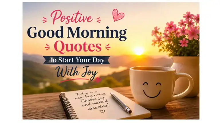 Positive good morning quotes to start your day with joy, featuring a sunrise, coffee cup, flowers, and inspirational message.
